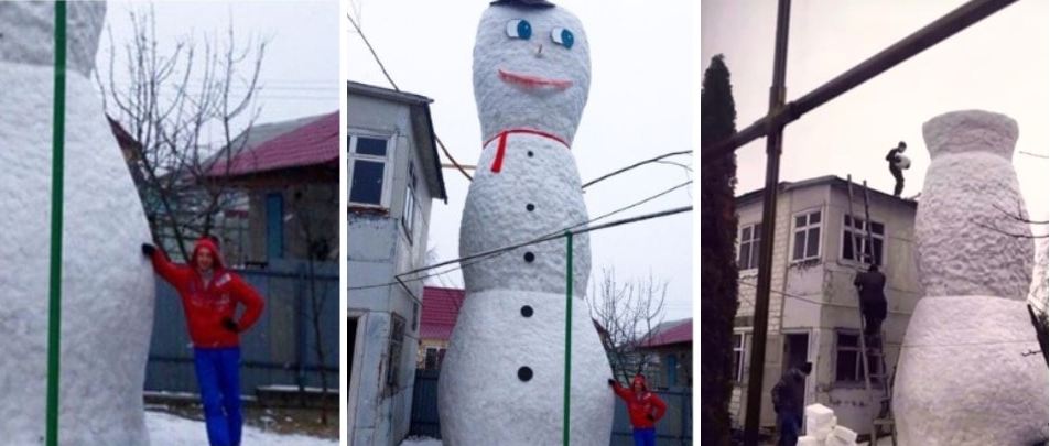 В Жлобине слепили, предположительно, самого высокого снеговика Беларуси. Его рост — 9,15 метра